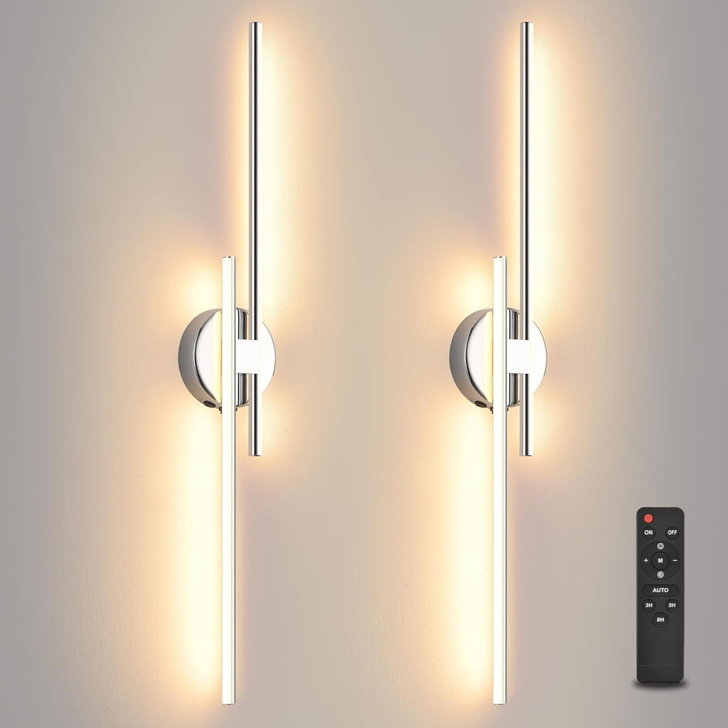 Wireless Battery Operated Wall Sconces with Remote, USB Rechargeable Led Wall Lights, 3000K-6000K Chrome wall sconces for Bedroom, Hallway, Living Room. Chrome 31.4-Inch Wall Light Set of Two