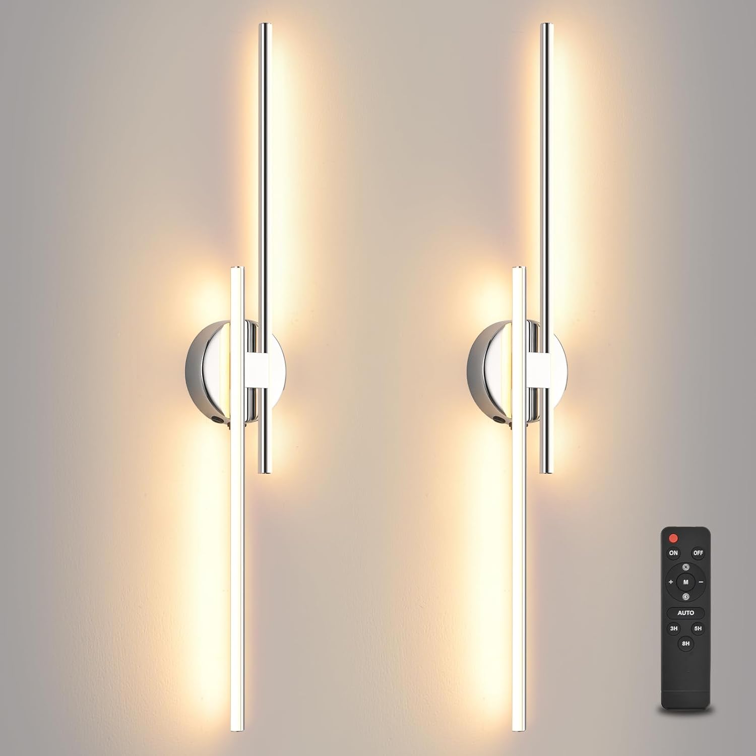 Wireless Battery Operated Wall Sconces with Remote, USB Rechargeable Led Wall Lights, 3000K-6000K Chrome wall sconces for Bedroom, Hallway, Living Room. Chrome 31.4-Inch Wall Light Set of Two