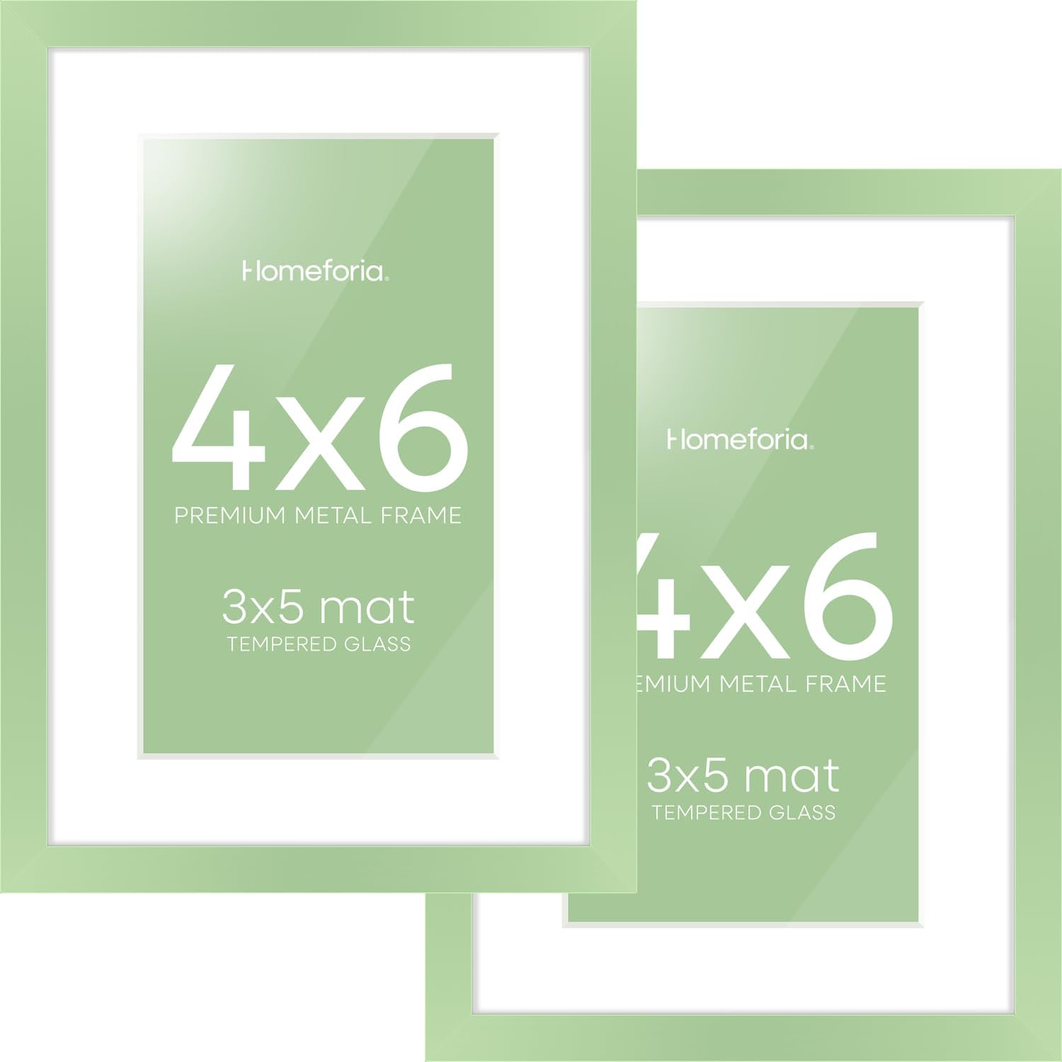 Homeforia Sage Green 4x6 Picture Frame, High End Metal 4 x 6 Frames with Mat 3 x 5 for Print, 4by6 Desk Frame Matted to 3x5 in Photo, 4 by 6 Wall or Tabletop Frames, Tempered Glass, Wall Kit, Set of 2