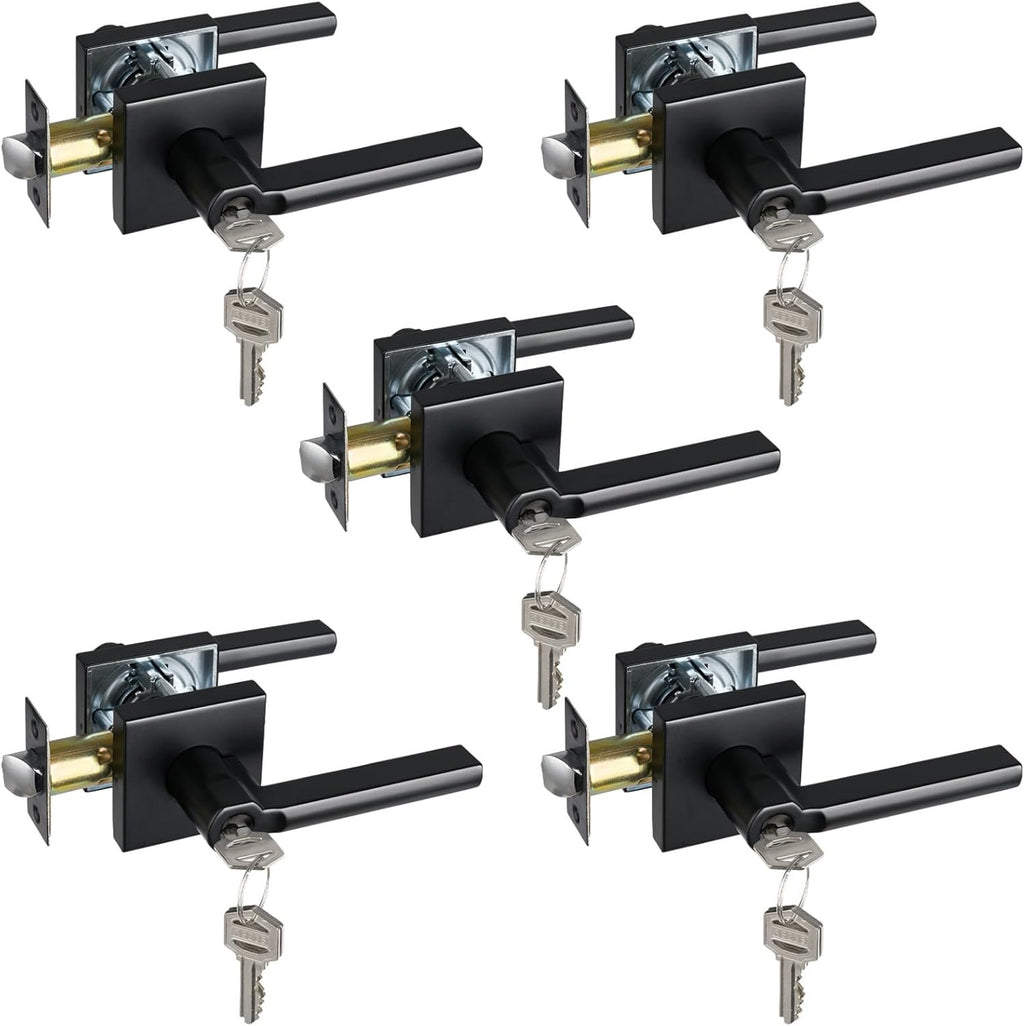 Keyed Entry Door Lever with Lock, Heavy Duty Square Interior Handle for Front Door and Office, Matte Black, Reversible for Right&Left Handed, 5Packs