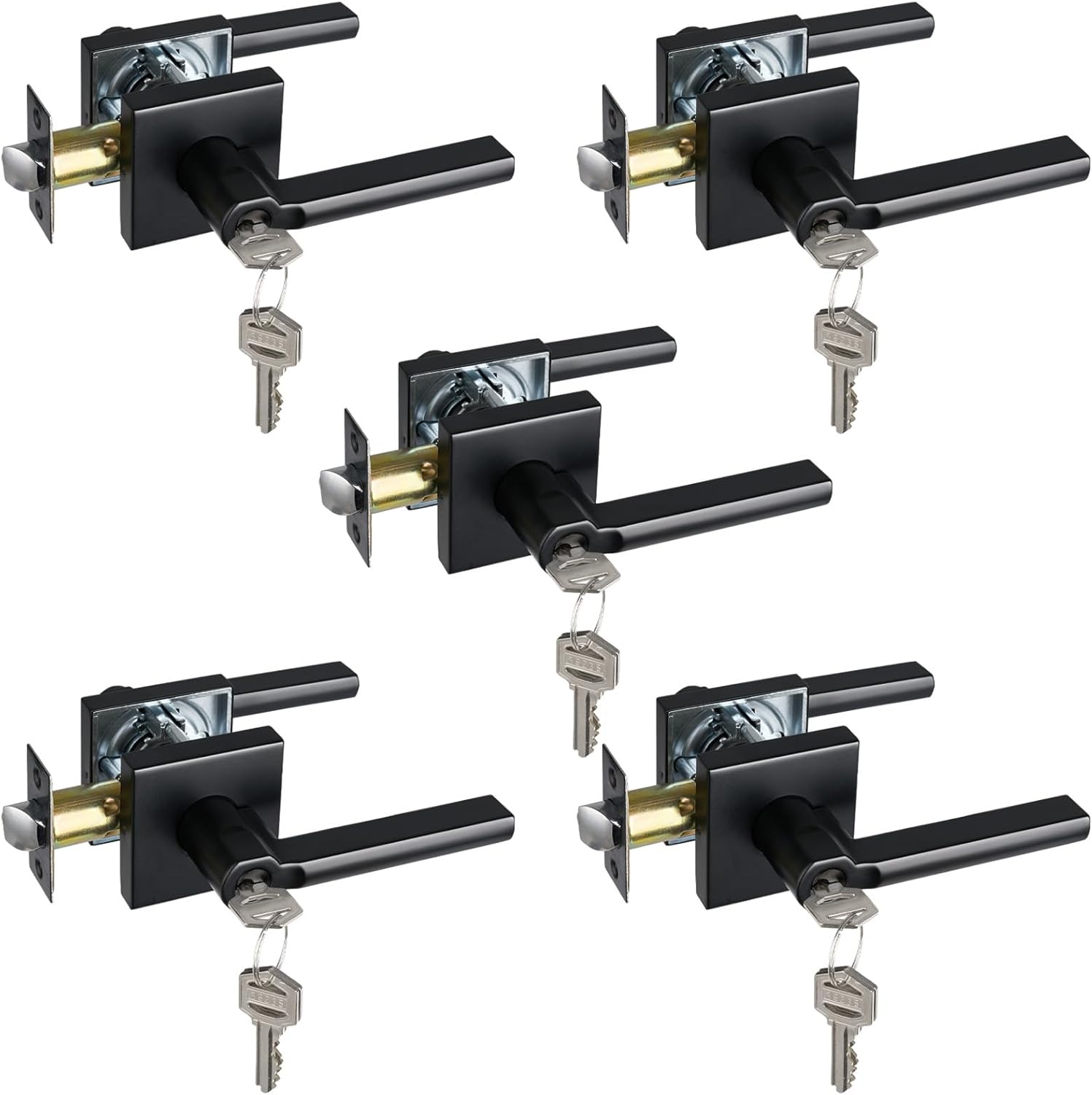 Keyed Entry Door Lever with Lock, Heavy Duty Square Interior Handle for Front Door and Office, Matte Black, Reversible for Right&Left Handed, 5Packs