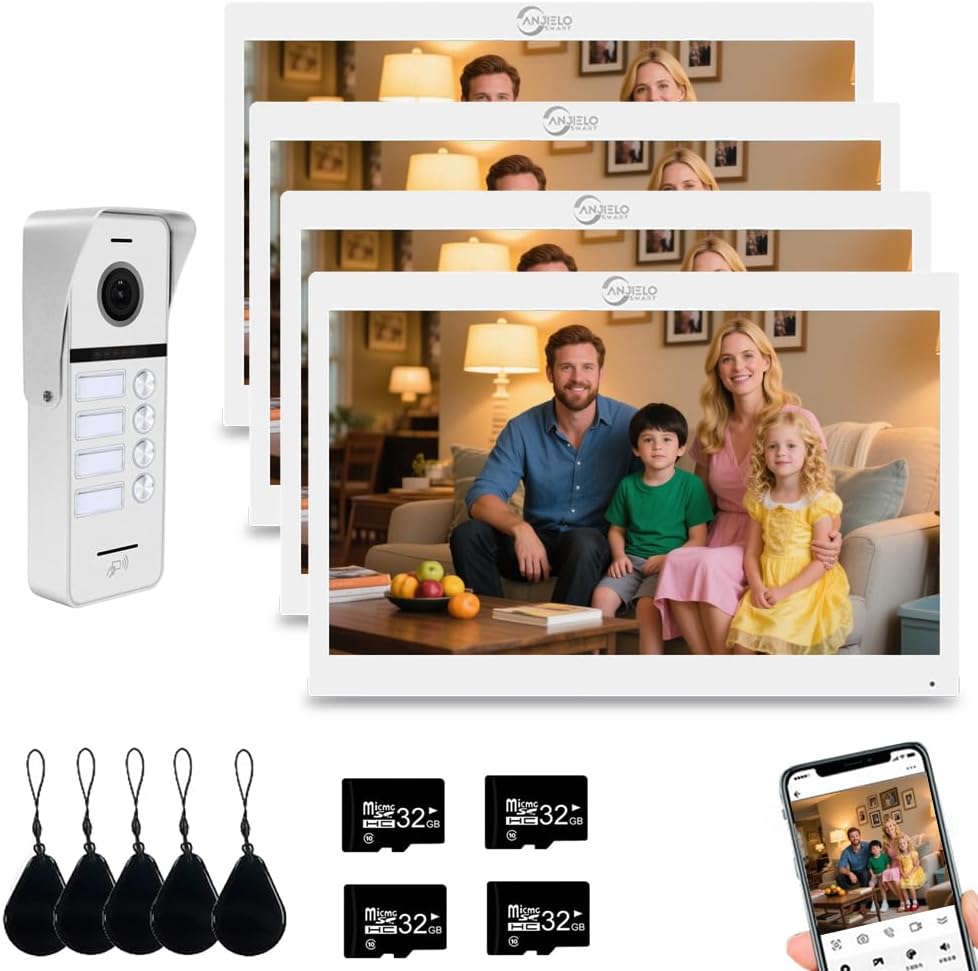 ANJIELO SMART Wired Video Doorbell Apartment Intercom System,4 Family Units 10 Inch Touch Monitor,3 in 1 Unlocking,Dual Way Intercom Motion Detection Tuya for Villa Home (1 Doorbell(w)+ 4 Monitor(w))