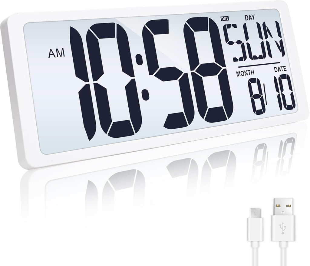 TXL Rechargeable Atomic Clock with Backlight, 14.2" Large Display Digital Wall Clock Battery Operated with Day, Date & Temperature, Large Wall Clock for Bedroom, Livingroom, Office（White）