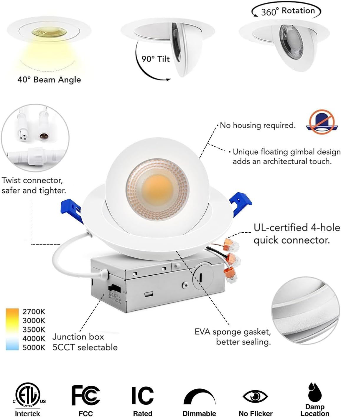 Adetu 4 inch Gimbal led recessed Lights, 360°+90° Adjustable Directional Recessed Lighting, 2700K/3000K/3500K/4000K/5000K Dimmable Retrofit Eyeball Can Lights with Jbox, ETL