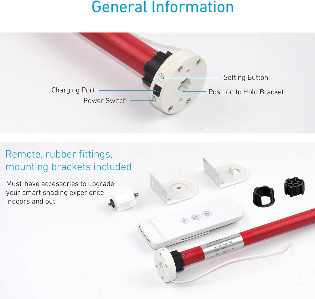 Rollerhouse 1-1/8" (28mm) Battery Powered Motor Kit with Remote Control and Charger Electric Motor DIY Motorized Tube for Window Blinds