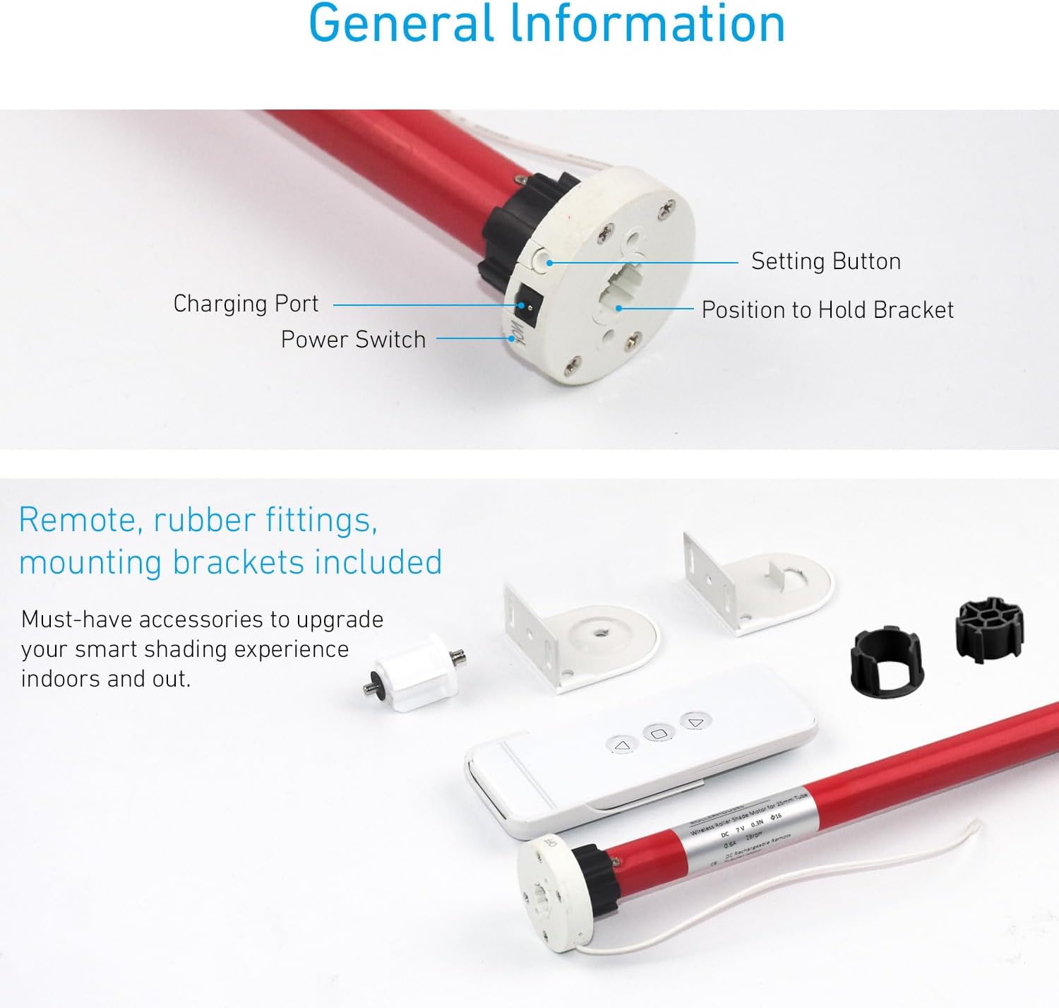 Rollerhouse 1-1/8" (28mm) Battery Powered Motor Kit with Remote Control and Charger Electric Motor DIY Motorized Tube for Window Blinds