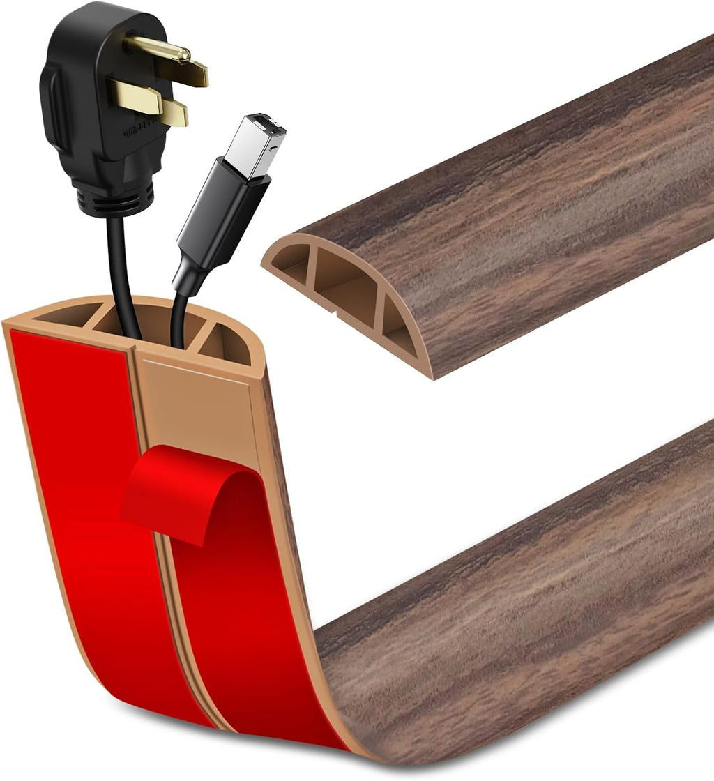 Floor Cord Cover Self Adhesive Cord Hider Floor Extension Cord Covers for Floor Power Cord Protector Cable Management Prevent Cable Trips Cable Cavity 0.51" W x 0.31" H (Smoked Brown Wood, 10Ft)