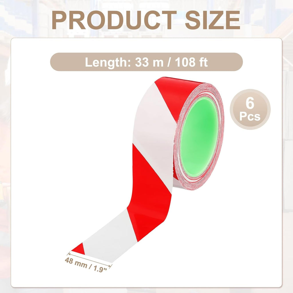 PATIKIL Floor Marking Tape 2 Inch x 110 Ft, 6 Pcs Self-Adhesive Warning Safety Tape Caution Stripe for Walls Floors Pipes Equipment Outdoor, Red/White