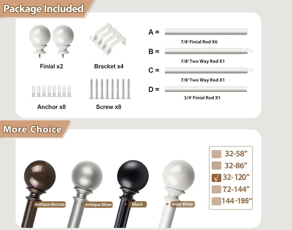 KAMANINA Curtain Rods 32 to 120 Inches (2.6-10ft), 7/8 Inch White Curtain Rods for Windows 66 to 120, Long Adjustable Drapery Rod with Round Finials
