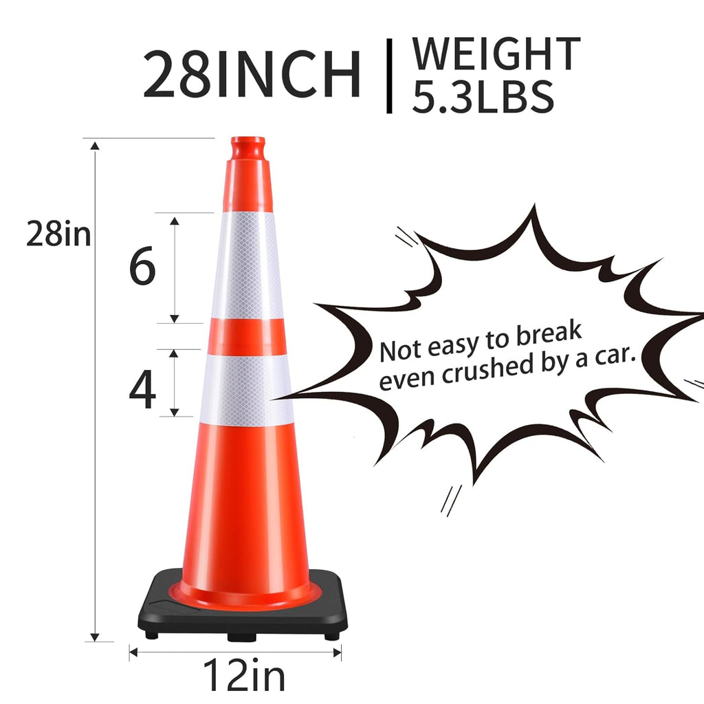 28 Inch Traffic Cones (8 Pack),Heavy-Duty PVC Construction Cones with Weighted Black Base for Road Safety,Orange Safety Cones with Reflective Collars for Parking & Driver Training