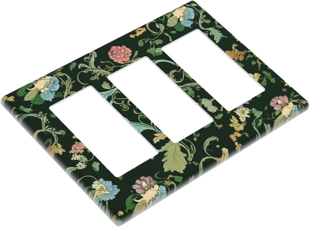 Decorative Outlet Covers Vintage Green Leaf Plant Rustic Pink Flower 3 Gang Wall Plate Triple Rocker Light Switch Cover Plate Jumbo Electrical GFCI Faceplate for Home Decor