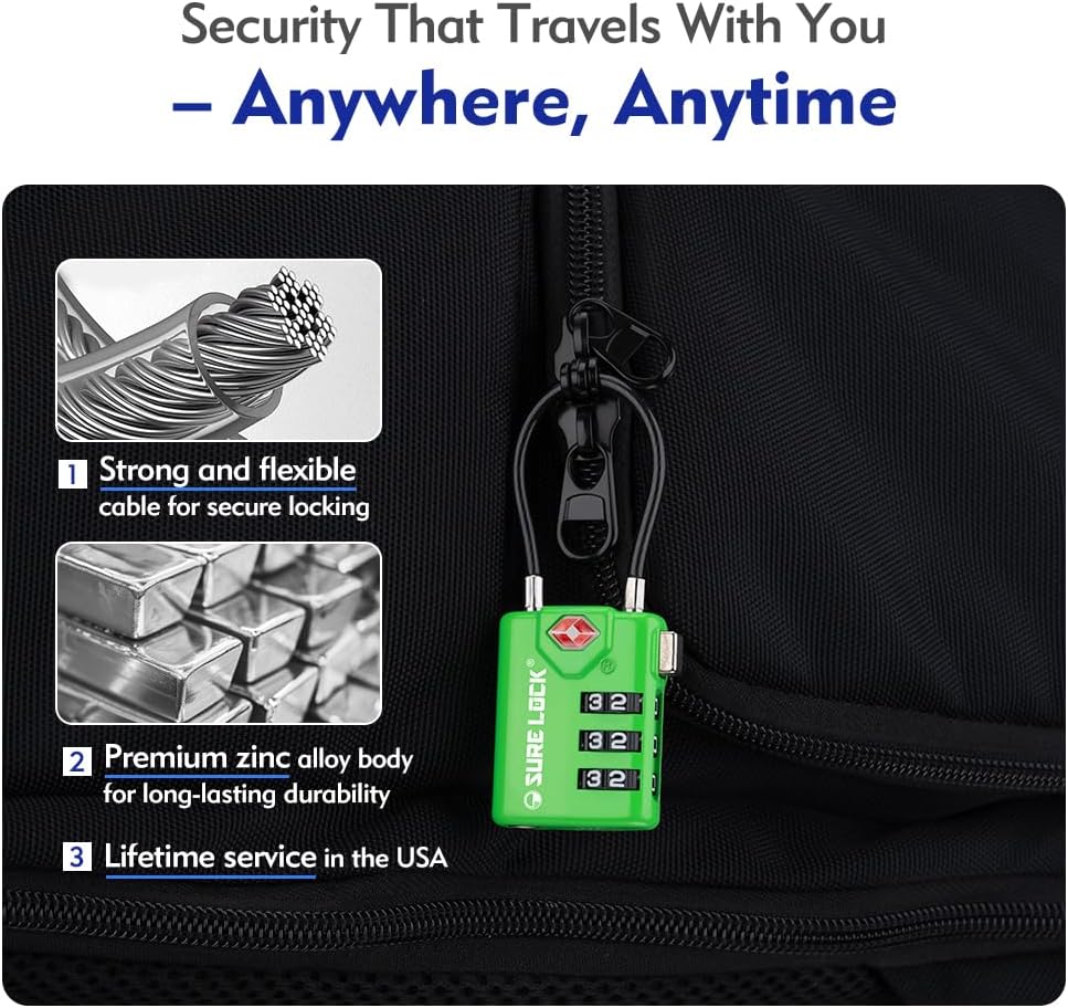 SURE LOCK TSA Compatible Travel Luggage Locks, Inspection Indicator, Easy Read Dials TSA Approved with Zinc Alloy Green 4PACK