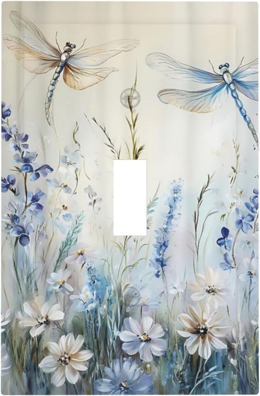 Decorative Light Switch Cover Plate Watercolor Dragonfly Blue Wihte Flower 1 Gang Single Toggle Wall Plates for Electrical Outlets Outlet Covers Switch Plate Covers Faceplate for Home Decor