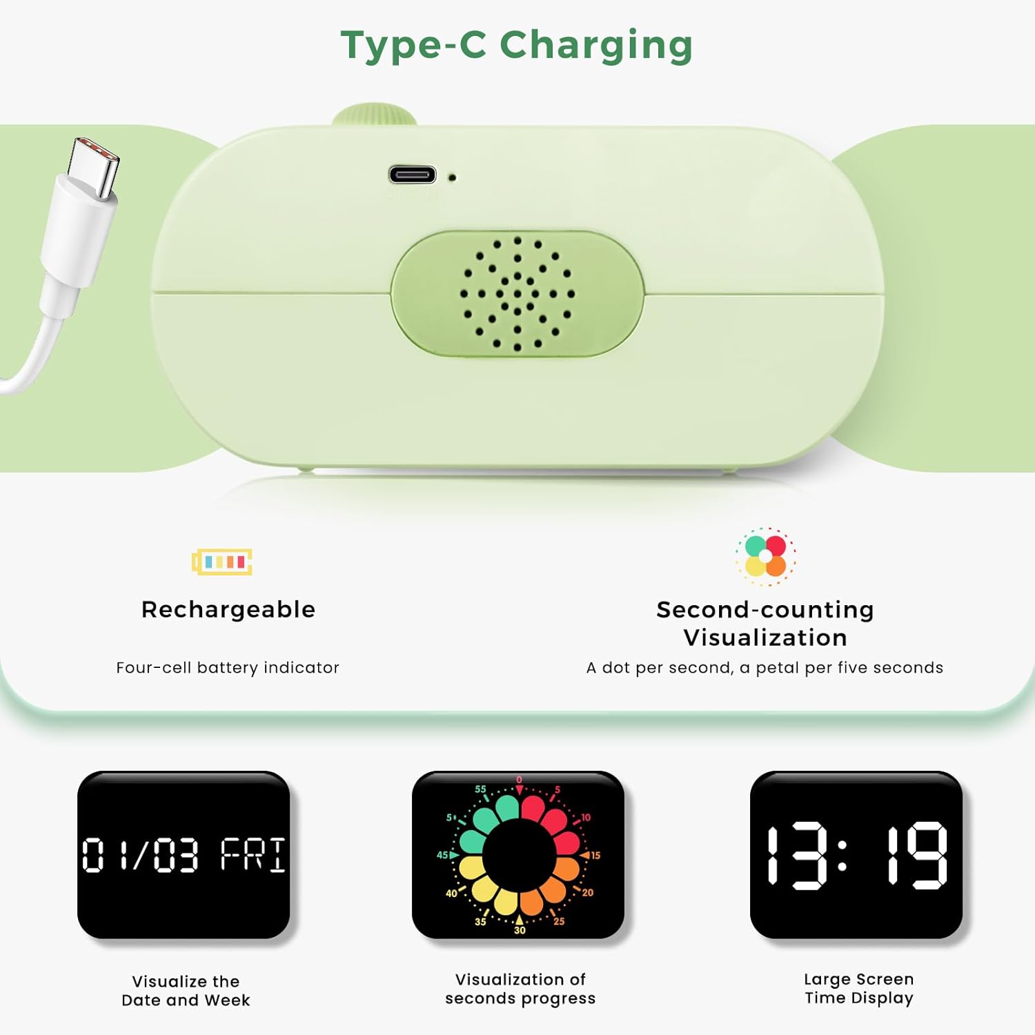 Mooking Digital Alarm Clock for Bedroom, Visual Timer for Kids, 199 Minute Rechargeable Digital Clock with Timers for Home School Supplies Study Teaching Time Timer Management Tool Countdown Timers
