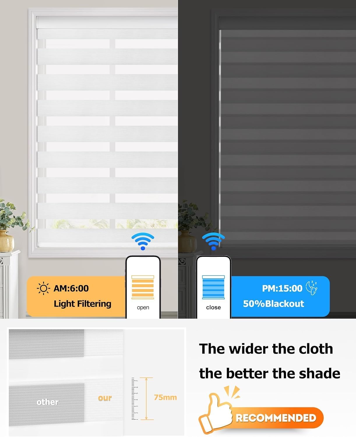 LazBlinds Motorized Zebra Roller Shades, Rechargeable Smart Blinds with Remote Control, Custom Size Light Filtering Dual Layer Roller Sheer Shades, White