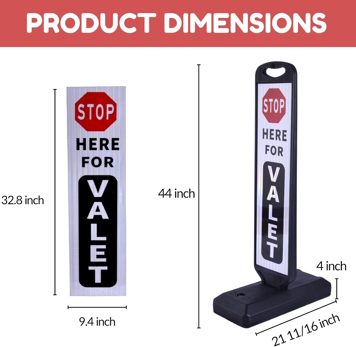 2-Pack Valet Parking Signs with Water-Filled Base, 32.8" x 9.4" Reflective Double-Sided Sheet, Reflective Traffic Sign for Parking Lots