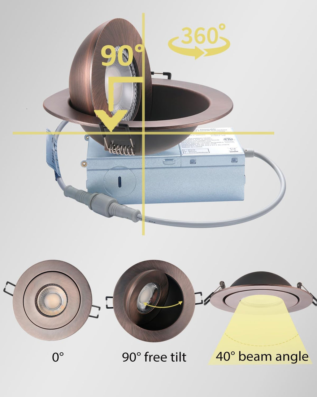 Canless Gimbal LED 4-inch - Swivel 90° tilt 360° Rotation Adjustable 6PACK 4" dimmable Eyeball LED Wafer recessed retrofit Ceiling Spotlight Can Light Oil Rubbed Bronze 4 inch 6 Pack