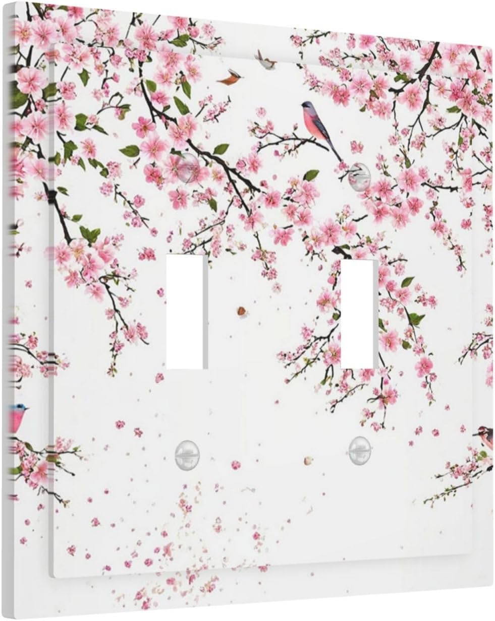 Decorative Light Switch Plate Covers Rustic Plum Blossom Pink Flowers 2 Gang Light Switch Cover Unique Double Toggle Wall Plate Outlet Covers for Bedroom Home Decor（2 Pack）