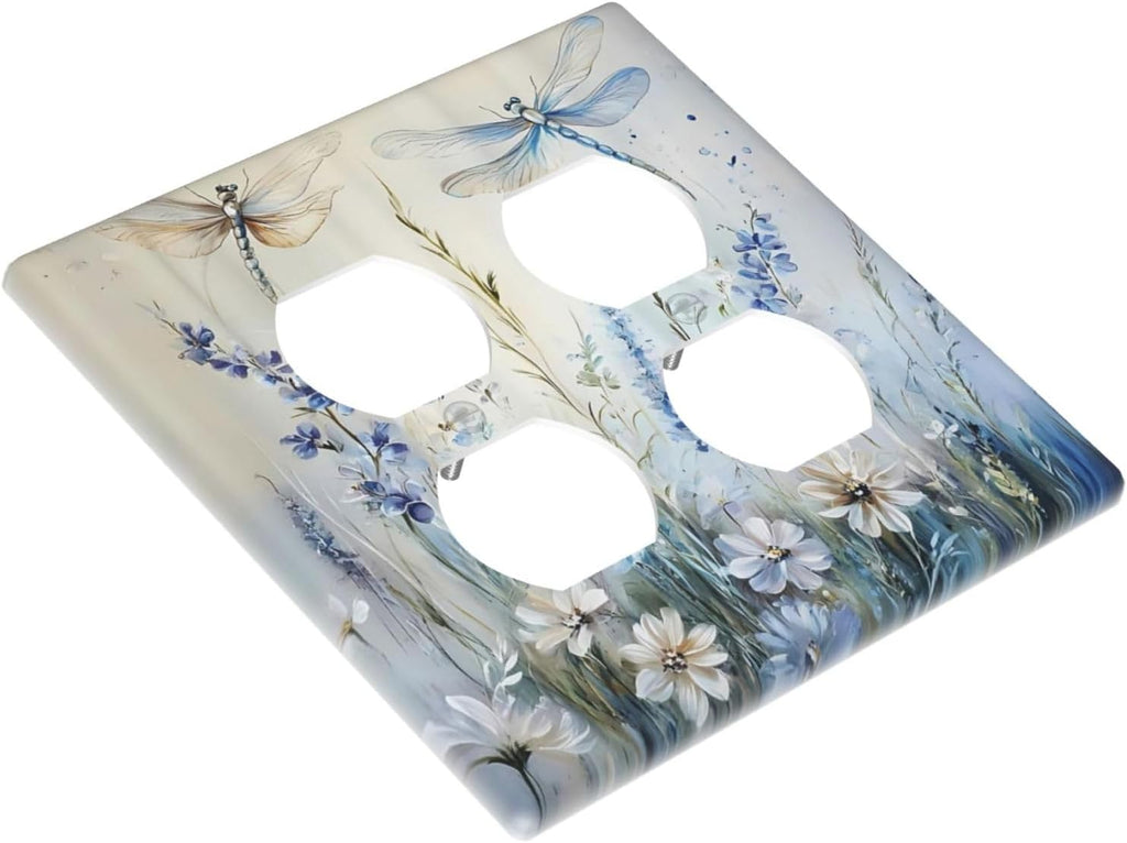 Decorative Outlet Covers Watercolor Dragonfly Blue Wihte Flower 2 Gang Light Switch Cover Plate Double Duplex Wall Plates for Electrical Outlets Switch Plate Covers for Bedroom Home Decor