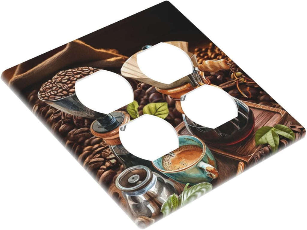Decorative Outlet Covers Retro Coffee Maker Beans Cup 2 Gang Wall Plate Cover Double Duplex Receptacle Two Switch Light Switch Cover Plate Jumbo Dual Faceplate
