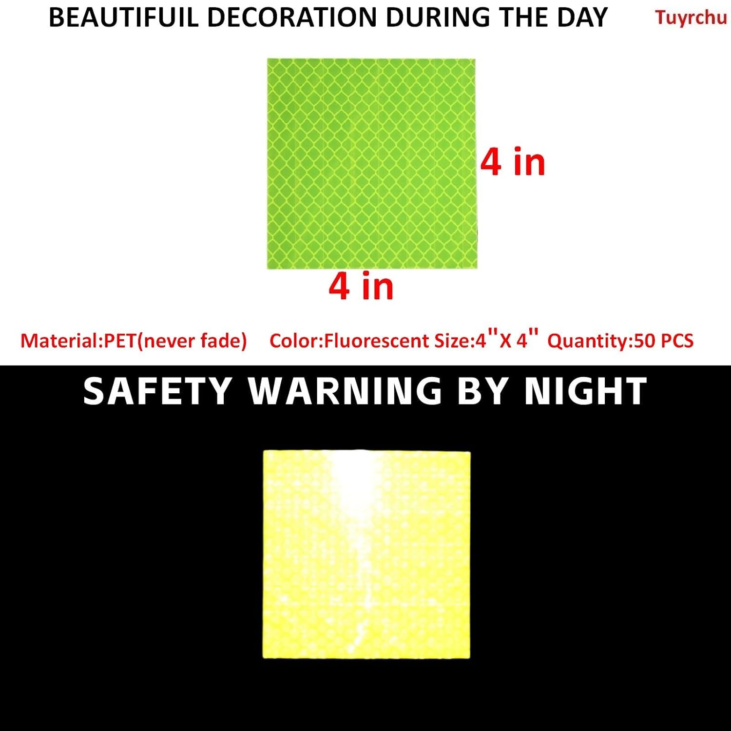 Non Fading Fluorescent Yellow Reflective Stickers 4 inch X 4 inch, Outdoor Waterproof High Visibility Safety Adhesive Reflector (50 Pcs)