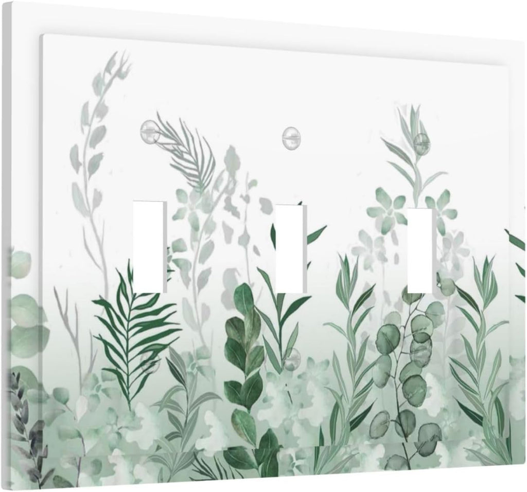 Watercolor Green Leaf Rustic Plant Eucalyptus Flowers Decorative Switch Plates 3 Gang Wall Plate Triple Toggle Light Switch Cover Faceplate Electrical Wall Panels for Bed Room Living Room Decor