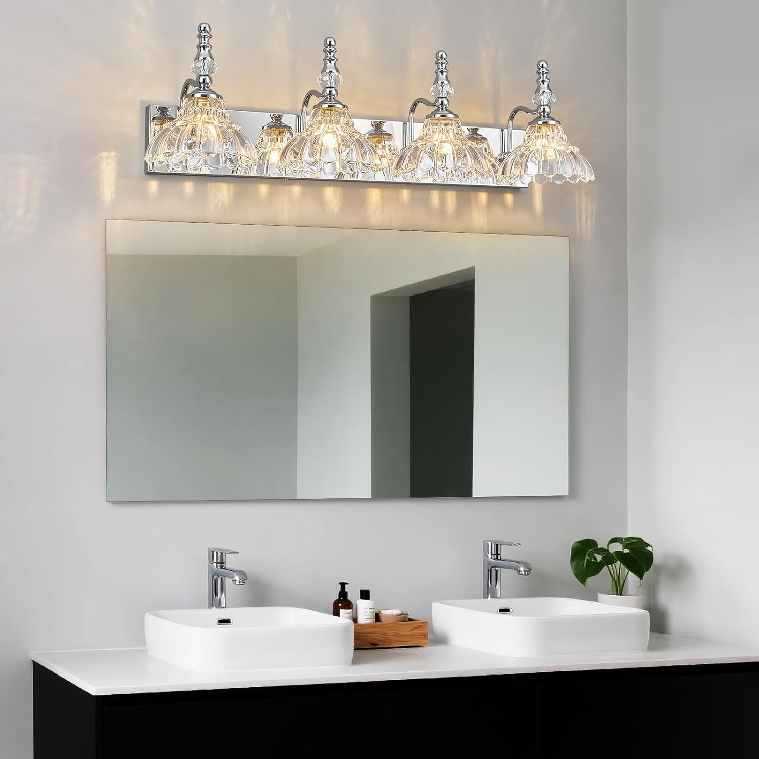 Vintage Bathroom Vanity Light, 4-Light Chrome Vanity Lighting Fixture with Flower Glass Shade, Bathroom Lighting Fixtures Over Mirror