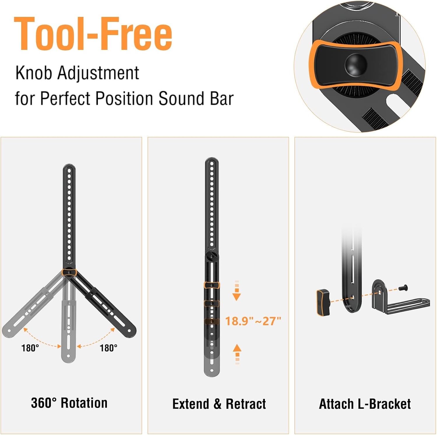 ELIVED Soundbar Mount, Sound Bar TV Bracket, for Mounting Above or Under TV, Fits Most Sound Bars Up to 15 Lbs, Tool-Free Knob Adjustable, for 23-90" tvs with Detachable Extension Arms and L-Brackets
