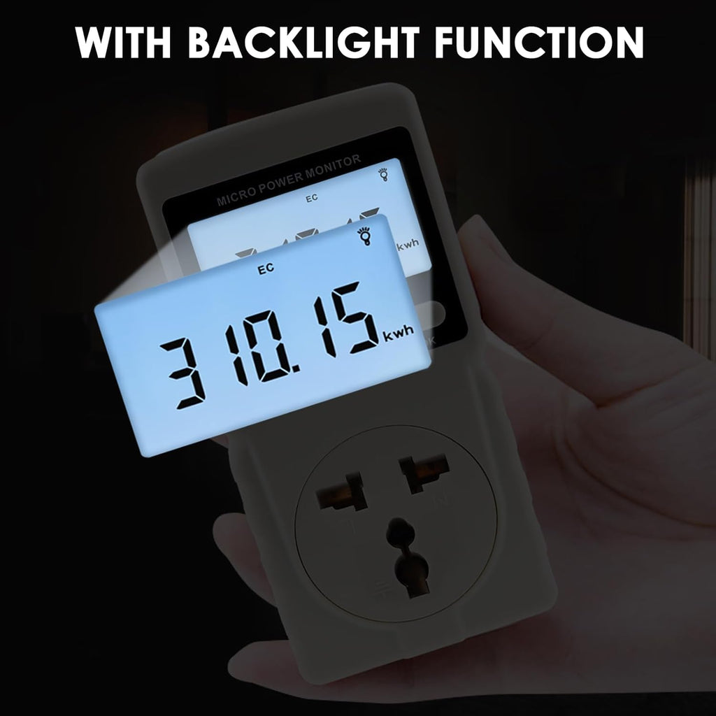 Electricity Monitor, Digital Power Overload Protection LCD Plug in Power Watt Voltage Meter, 8 Display Modes for Energy Saving, Watt Meter Outlet, Energy Consumption Factor, Power Consumption Monitor