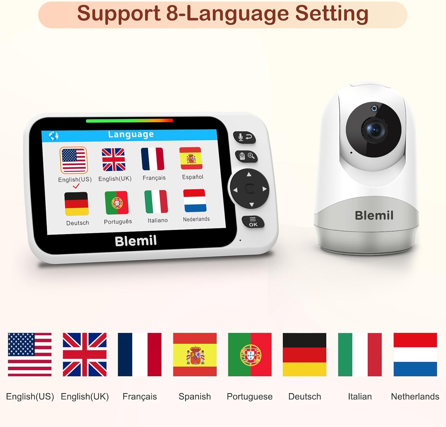 Blemil Baby Monitor with 30-Hour Battery, 5" Large Split-Screen Video Baby Monitor with Camera and Audio, 3500mAh Battery, Remote Pan/Tilt/Zoom Camera, Two-Way Talk, Night Vision, Lullabies, No WiFi
