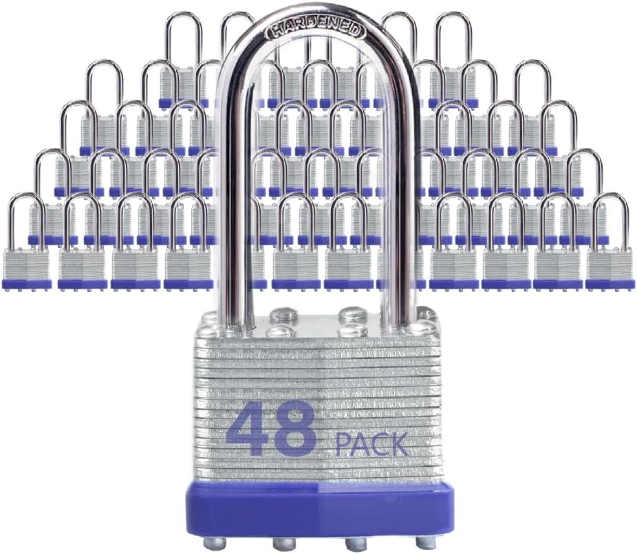 Lock Outdoor Padlocks, Key Lock, Padlocks with Same Key - Laminated Steel Keyed Padlocks with Long Shackle, 48 Pack, for Hasp Latch, Sheds, Fences, Storage Locker, School, Gym