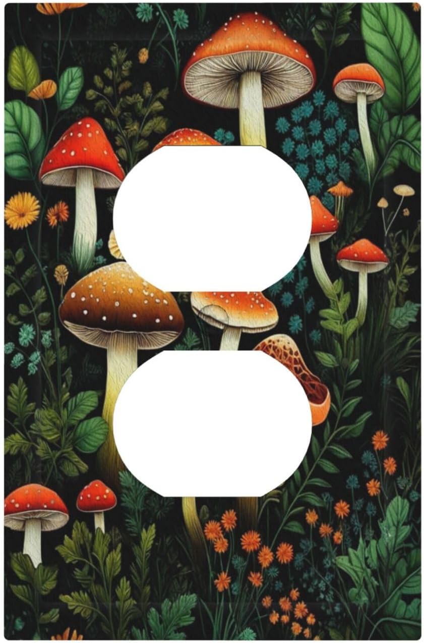 Decorative Outlet Covers Boho Red Mushroom Green Leaf Plants Floral 1 Gang Wall Plate Receptacle Duplex Light Switch Cover Plate Single Dual Plug Covers Electrical Switchplate Faceplate