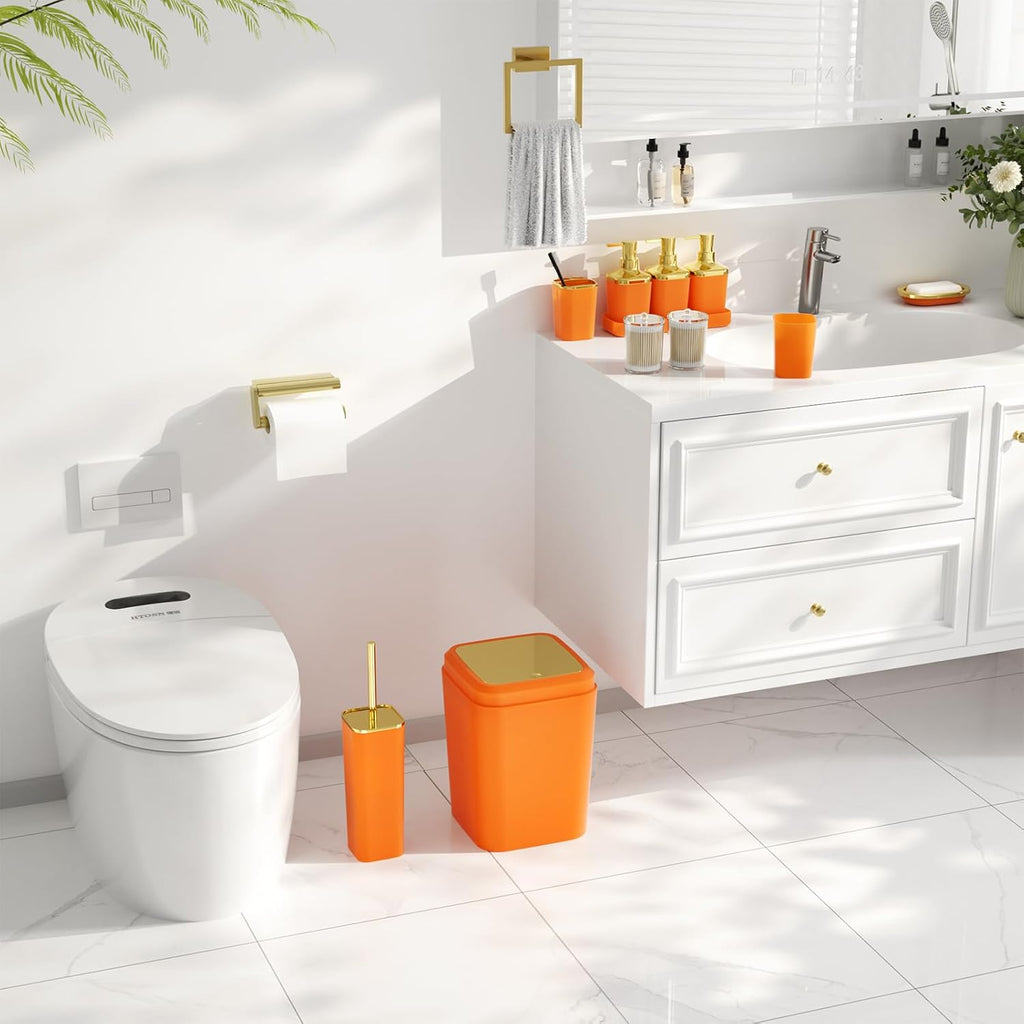 Bathroom Set - Bathroom Sets with Shower Curtain and Rugs, Bathroom Accessory Set, Orange Bathroom Accessories Set with Trash Can, Toilet Brush and Soap Dispensers