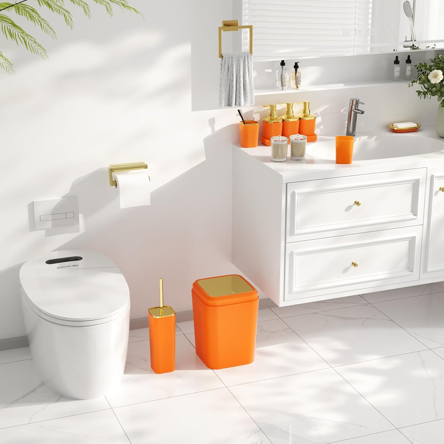 Bathroom Set - Bathroom Sets with Shower Curtain and Rugs, Bathroom Accessory Set, Orange Bathroom Accessories Set with Trash Can, Toilet Brush and Soap Dispensers