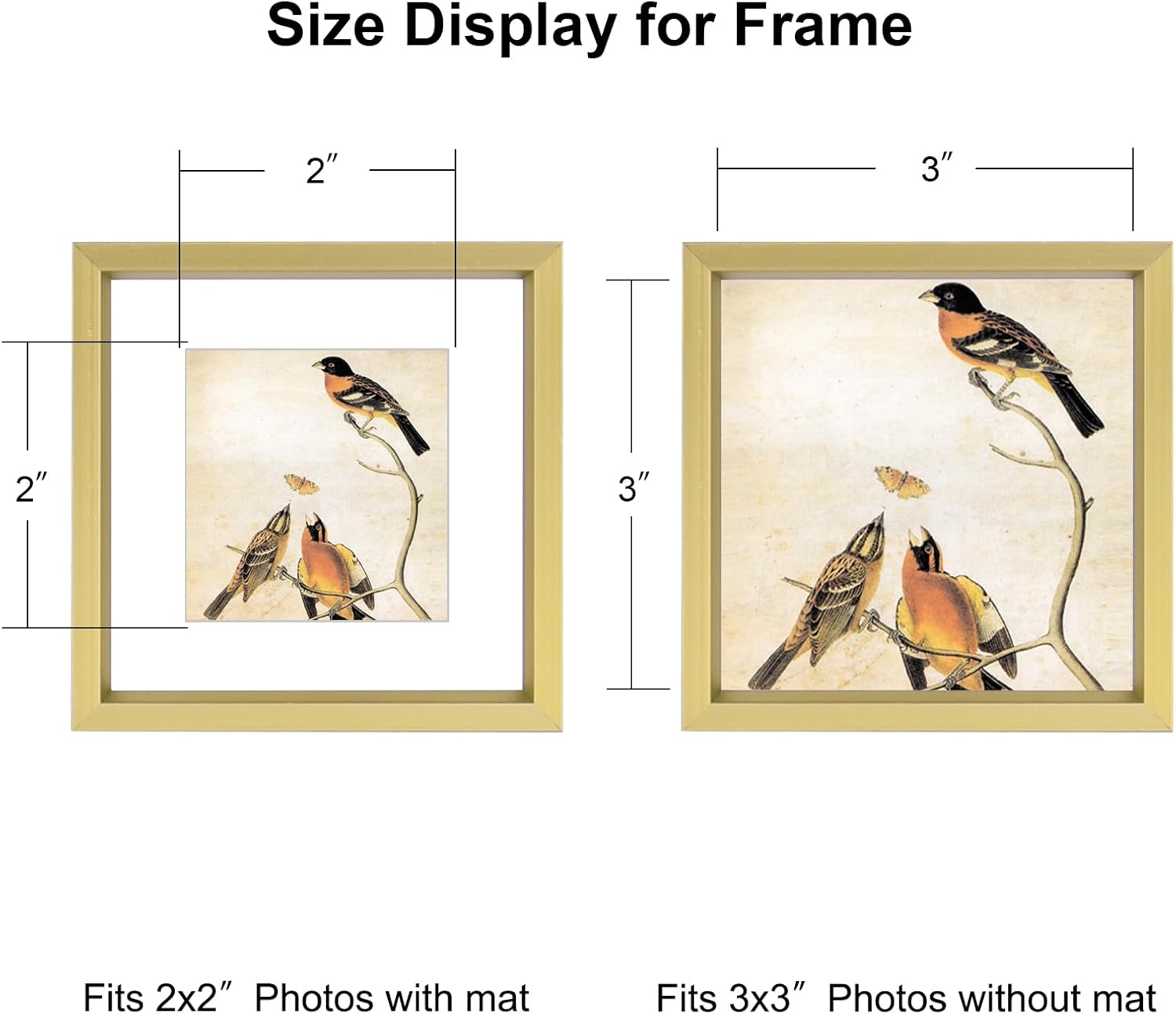 3x3 Picture Frame Set of 3, Brass Metal Square Photo Frames with HD Glass, Fits 2x2 with Mat or 3 x 3 without Mat, Display for Wall and Table