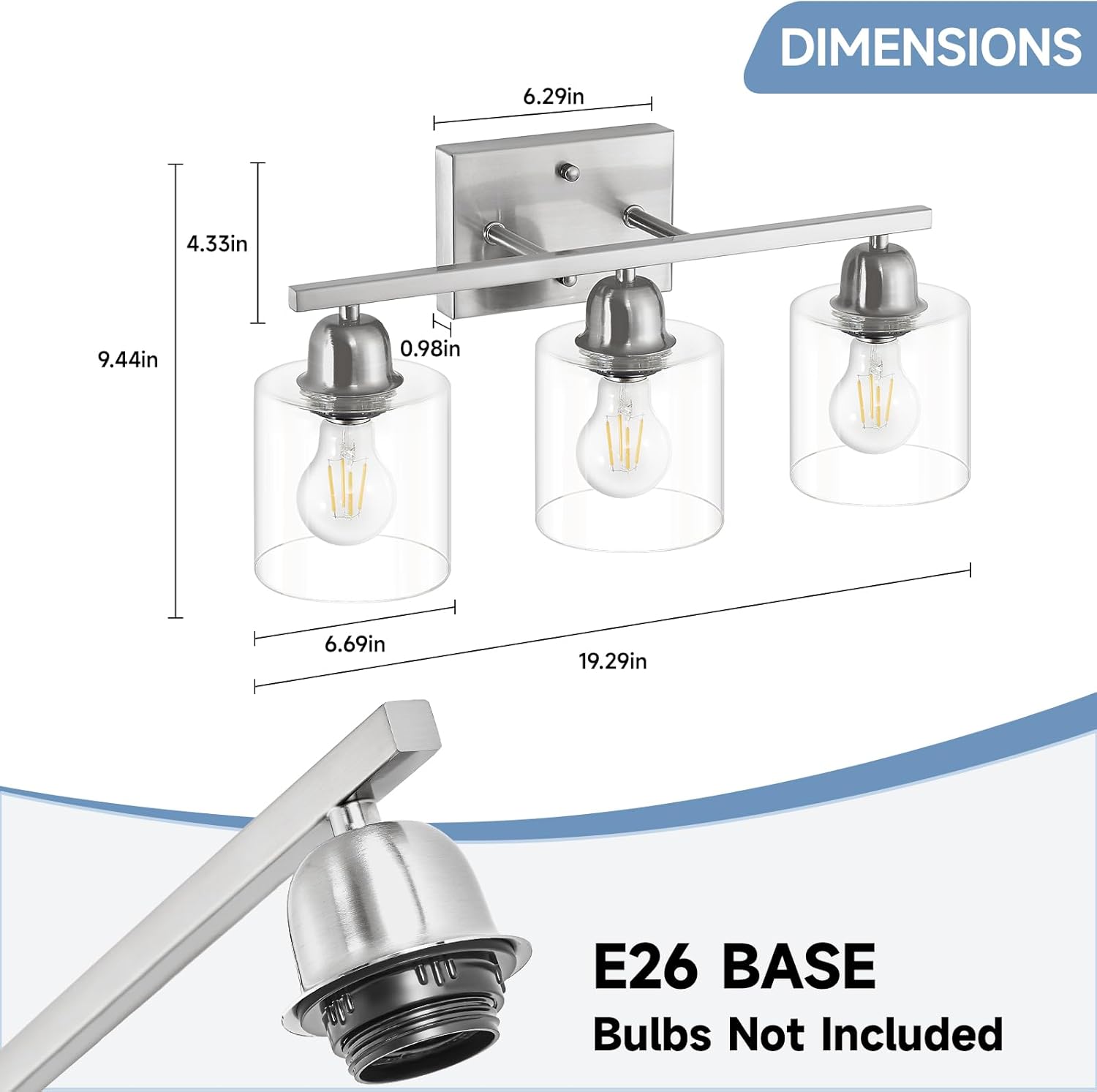 Modern Brushed Nickel 3 Light Bathroom Light Fixtures,19 inch Vanity Lights for Bathroom with Clear Glass Over Mirror for Mirror Kitchen Living Room