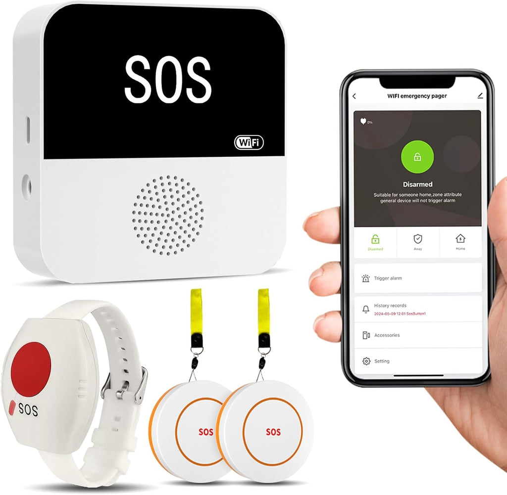 WiFi Caregiver Pager Wireless Call Button with App Alert, Life Alert Systems for Seniors No Monthly Fee- 2 Caregiver Call Button + 1 Wristband Panic Button, Alert Button for Seniors at Home