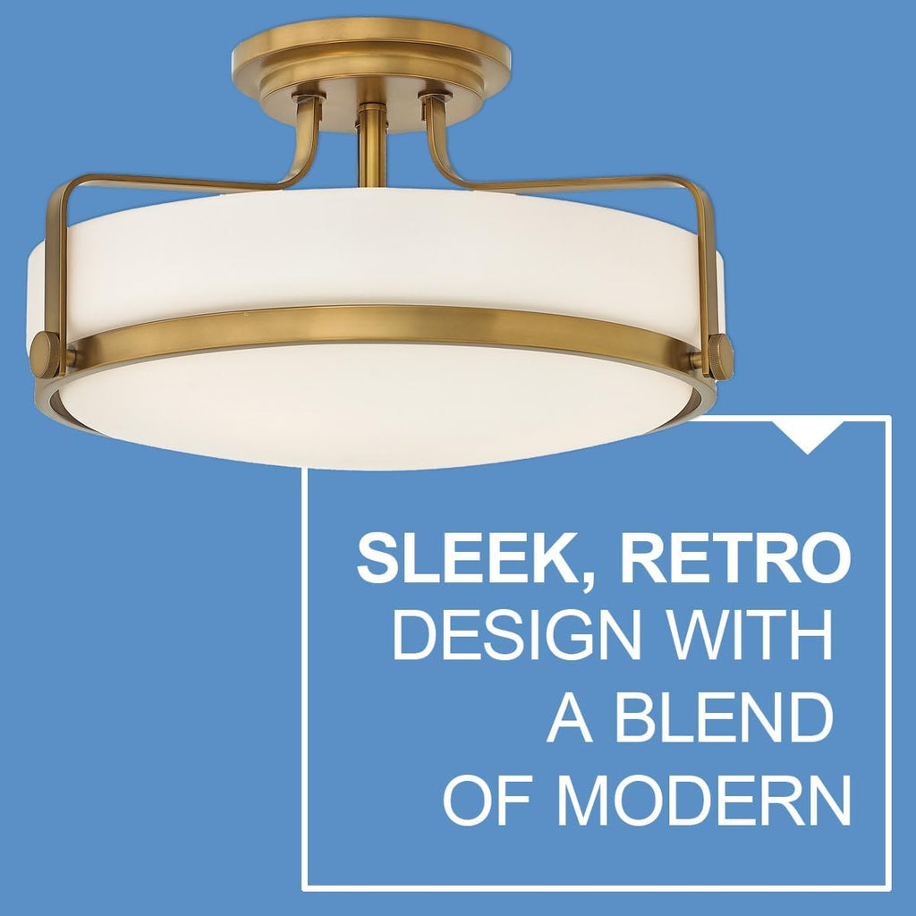 Hinkley Harper Medium Semi-Flush Mount Ceiling Light - Sleek, Retro Style, Etched Opal Glass - Heritage Brass Finish