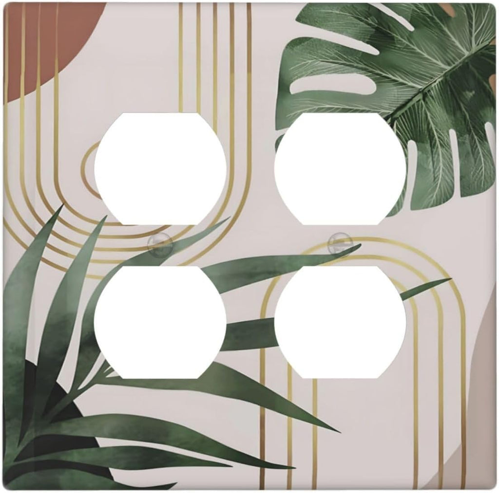 Decorative Outlet Covers Boho Mid Century Abstract Arch Green Leaves 2 Gang Wall Plate Double Duplex Light Switch Cover Switch Plate Covers for Bedroom Home Decor