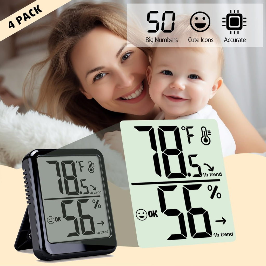 4-Pack Room Thermometer Indoor Hygrometer, Small Digital Temperature and Humidity Monitor Sensor, Temperature Humidity Gauge Meter for Home Baby Room, Plants, Pets - AAA Battery Included
