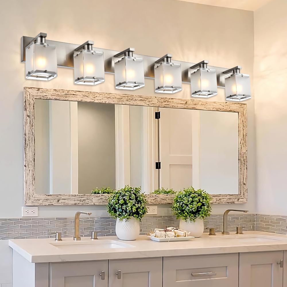 6-Lights Bathroom Vantiy Light Over Mirror, Modern Black Vanity Lighting Fixtures with Rectangular Frosted Glass Shades for Bath Kitchen Wall Mounted, E26 Bulb Base