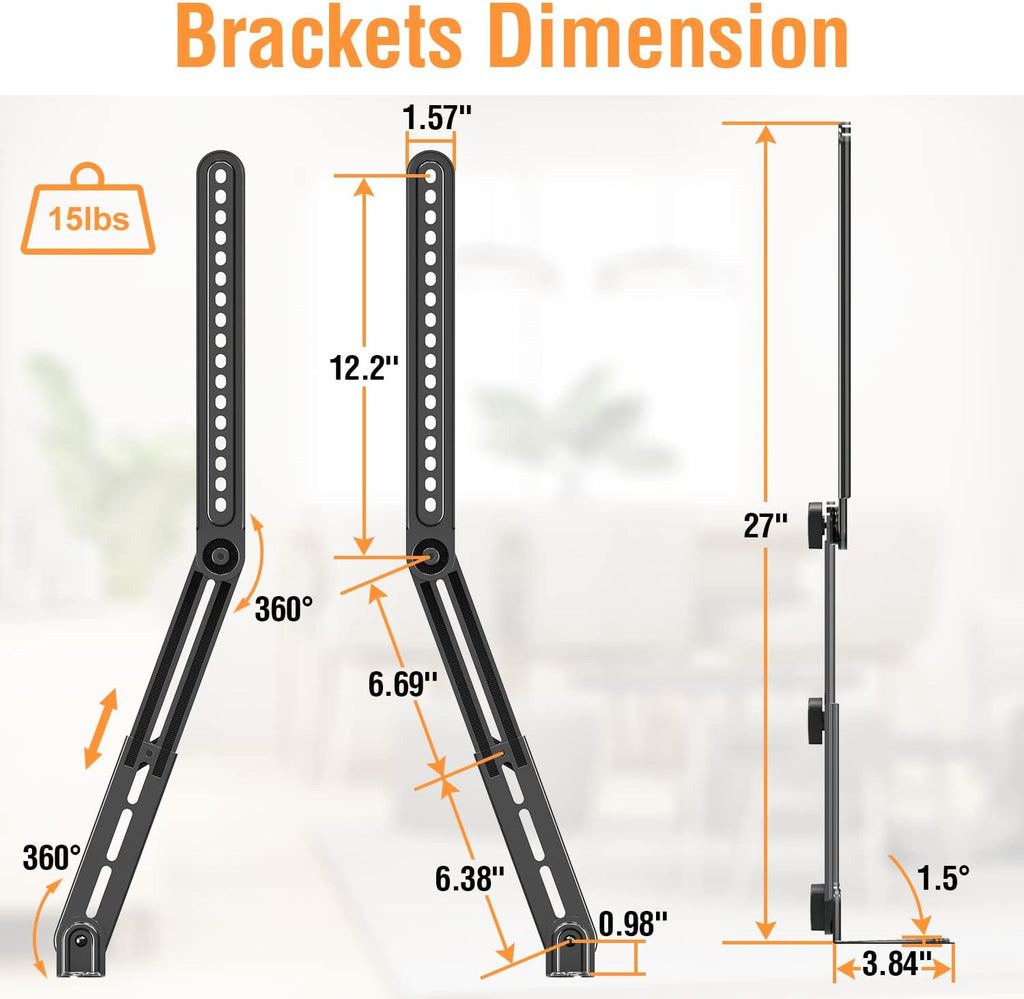 ELIVED Soundbar Mount, Sound Bar TV Bracket, for Mounting Above or Under TV, Fits Most Sound Bars Up to 15 Lbs, Tool-Free Knob Adjustable, for 23-90" tvs with Detachable Extension Arms and L-Brackets