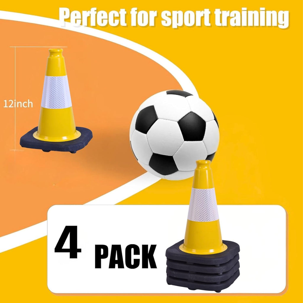 BESEA 4Pack 12 Inch Yellow Traffic Cones with 4 Inch Reflective Collar, Heavy Duty PVC Safety Cones with 8.5 x 8.5 Inch Base for Parking, Driving Practice, Sports Training, and Construction