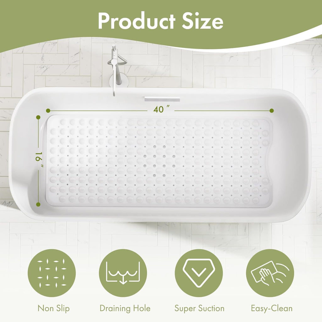 AmazerBath Shower Mat Non Slip 40 x 16 Inches, Shower Stall Mats with Suction Cups and Drain Holes, Non Slip Bath Mat for Tub for Elderly & Kids, White