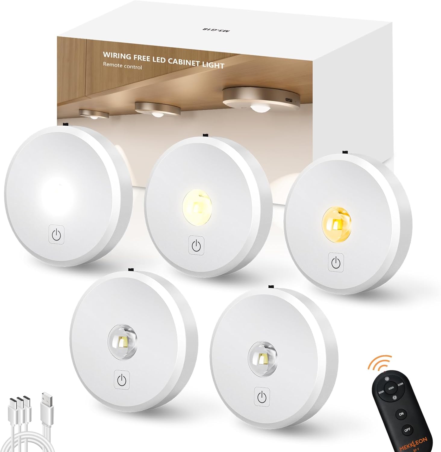 Puck Lights Cordless with Remote Control, 2200mAh Rechargeable Under Counter Lighting,3 Color Temperatures Dimmable Under Cabinet,Closet Light,Tap Light for Hallway (White, 5PCS)