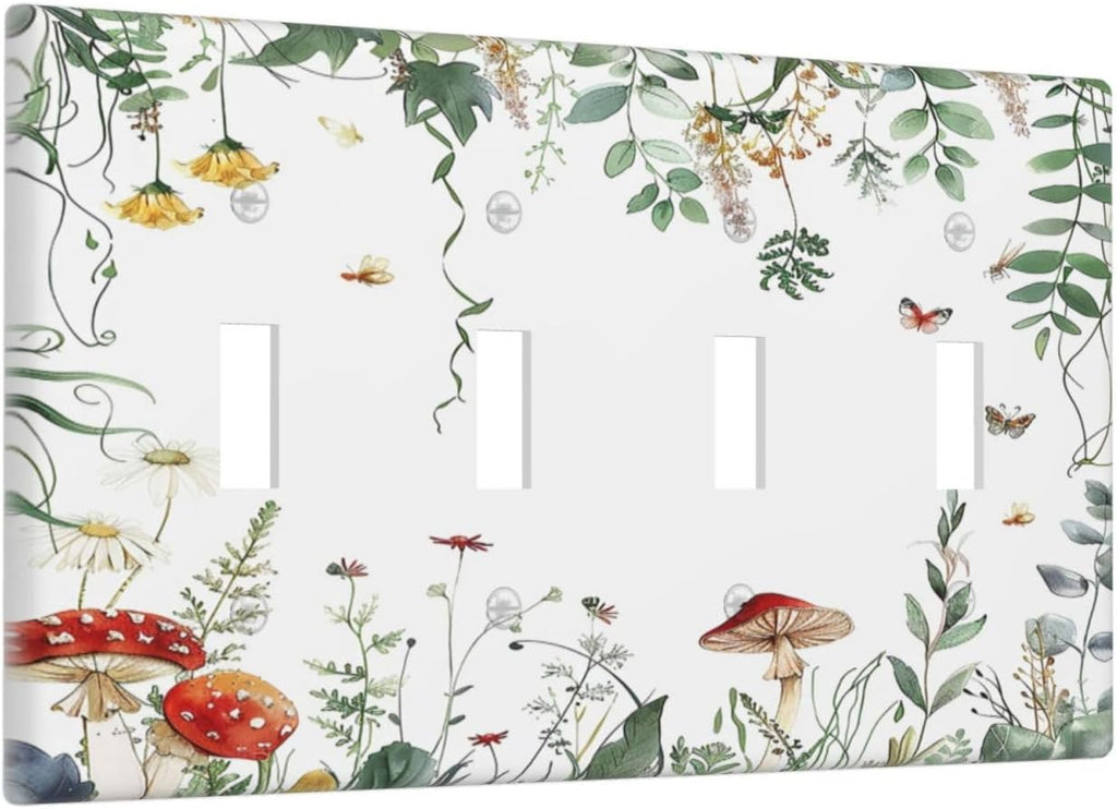 Light Switch Covers Sage Plant Red Mushroom Butterfly Wild Flower Quad Toggle Electrical Faceplate 4 Gang Wall Plate Decorative Switch Plates For Bed Room Kids Room Decor