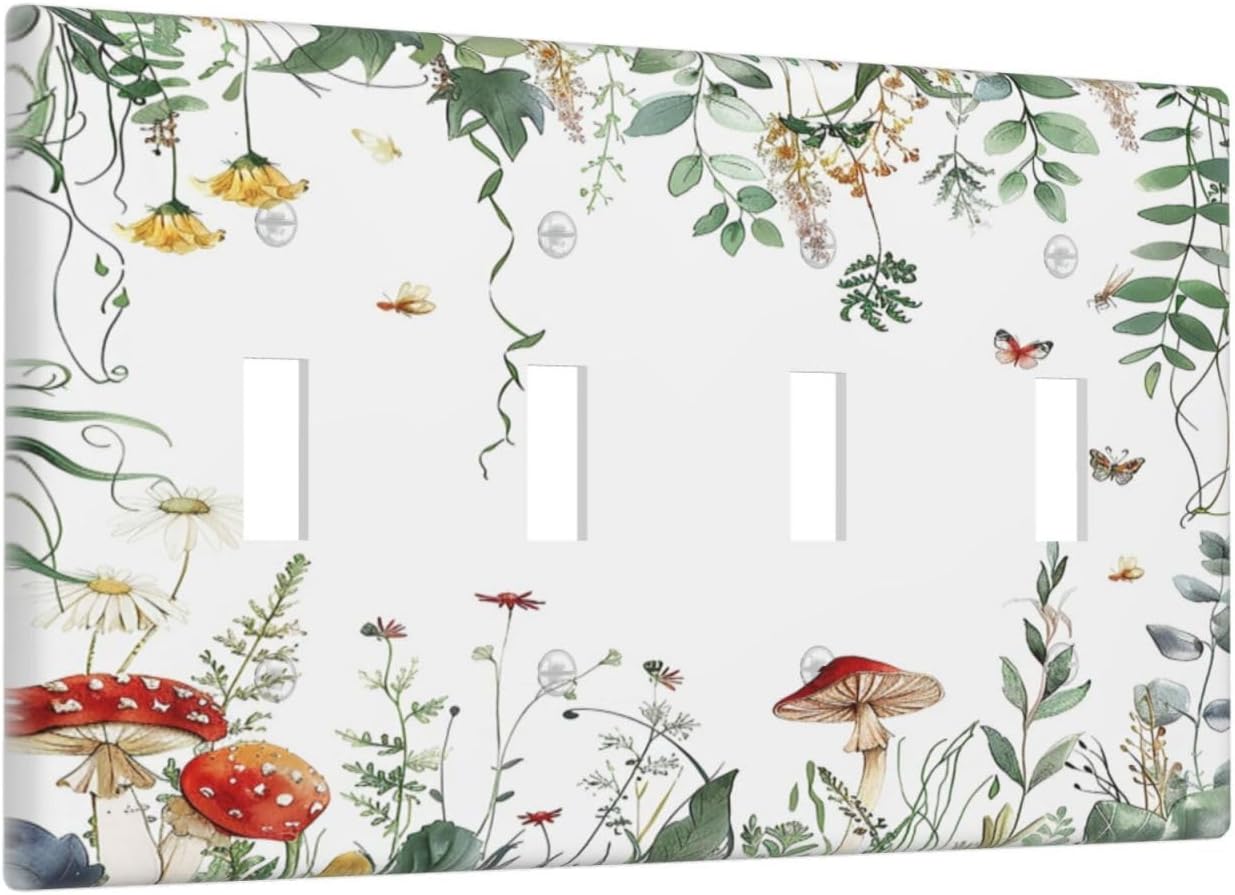 Light Switch Covers Sage Plant Red Mushroom Butterfly Wild Flower Quad Toggle Electrical Faceplate 4 Gang Wall Plate Decorative Switch Plates For Bed Room Kids Room Decor