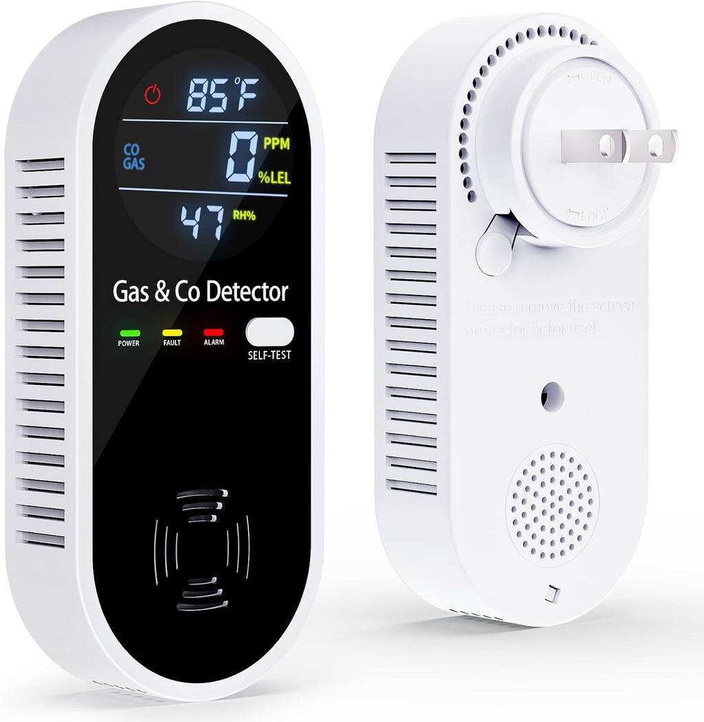 Gas and Carbon Monoxide Detectors Plug in, 4-in-1 Portable CO & Natural Gas Leak Detector with Temperature & Humidity Display for Home, Hotel, RV & Travel