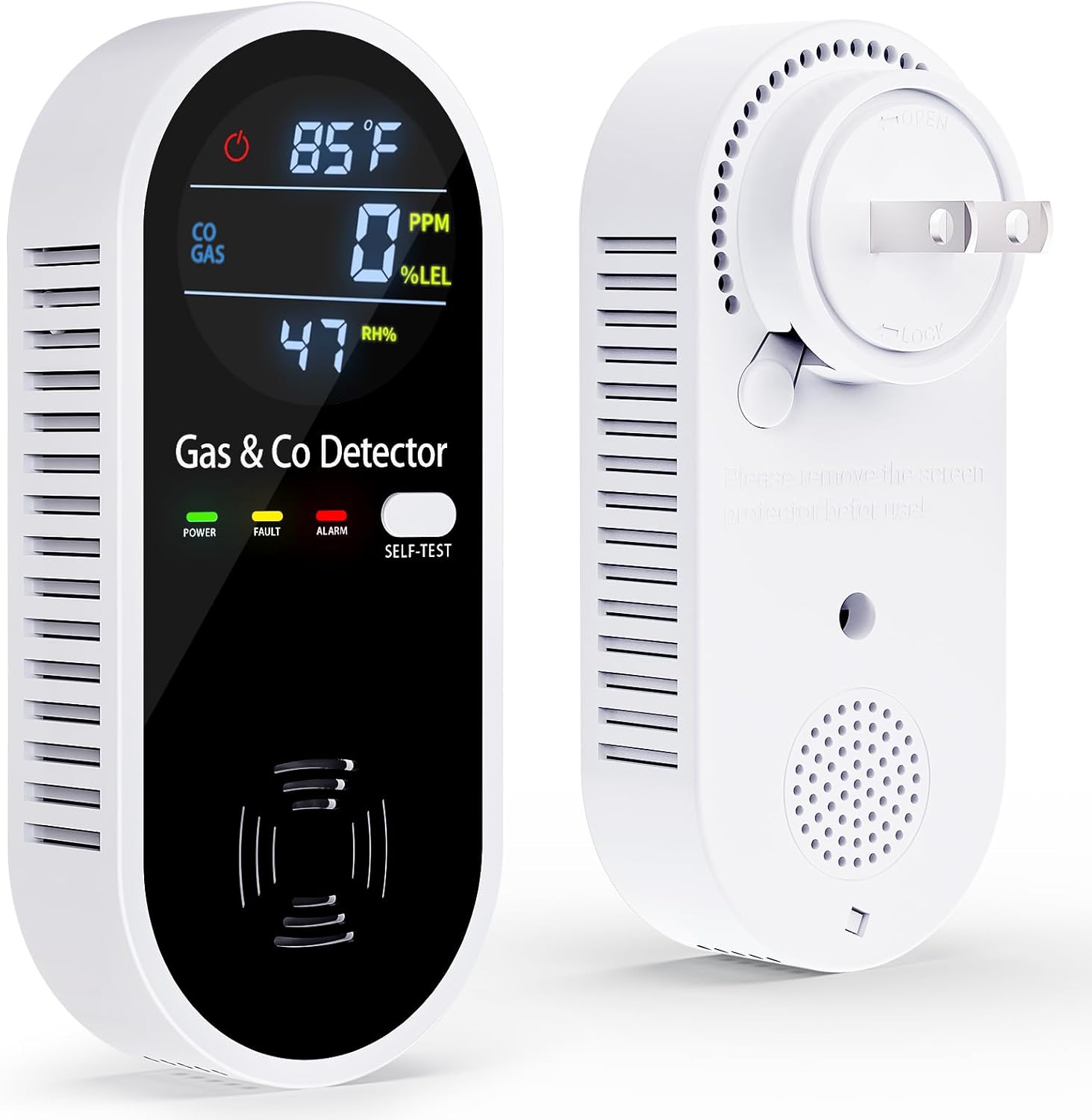 Gas and Carbon Monoxide Detectors Plug in, 4-in-1 Portable CO & Natural Gas Leak Detector with Temperature & Humidity Display for Home, Hotel, RV & Travel