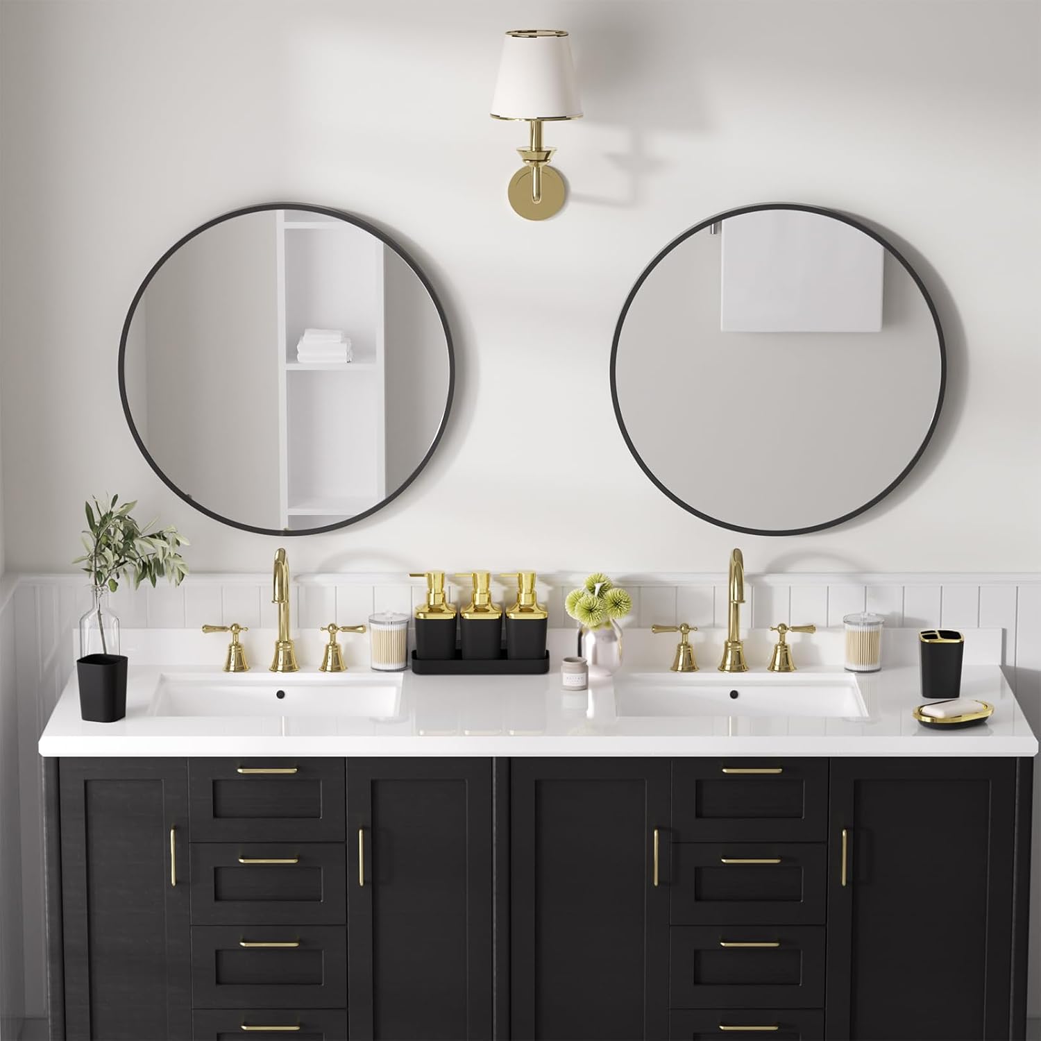 Bathroom Sets with Shower Curtain and Rugs, 27PC Bathroom Accessory Set, Black Bathroom Set, Black and Gold Bathroom Accessories Set with Trash Can, Toilet Brush and Soap Dispensers